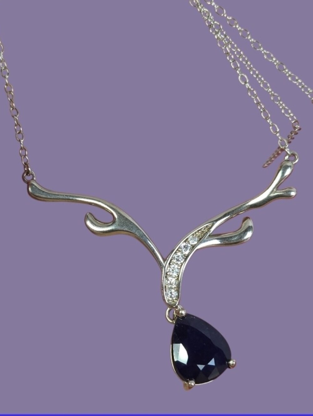 925 Sterling Silver Necklace 18"(Adjustable) with Natural Sapphire Gem & Cz